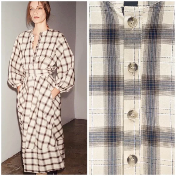 Zara Oversized Cotton Plaid Shirt Dress With Belt Tie Lagenlook Long Sleeves - Picture 4 of 12